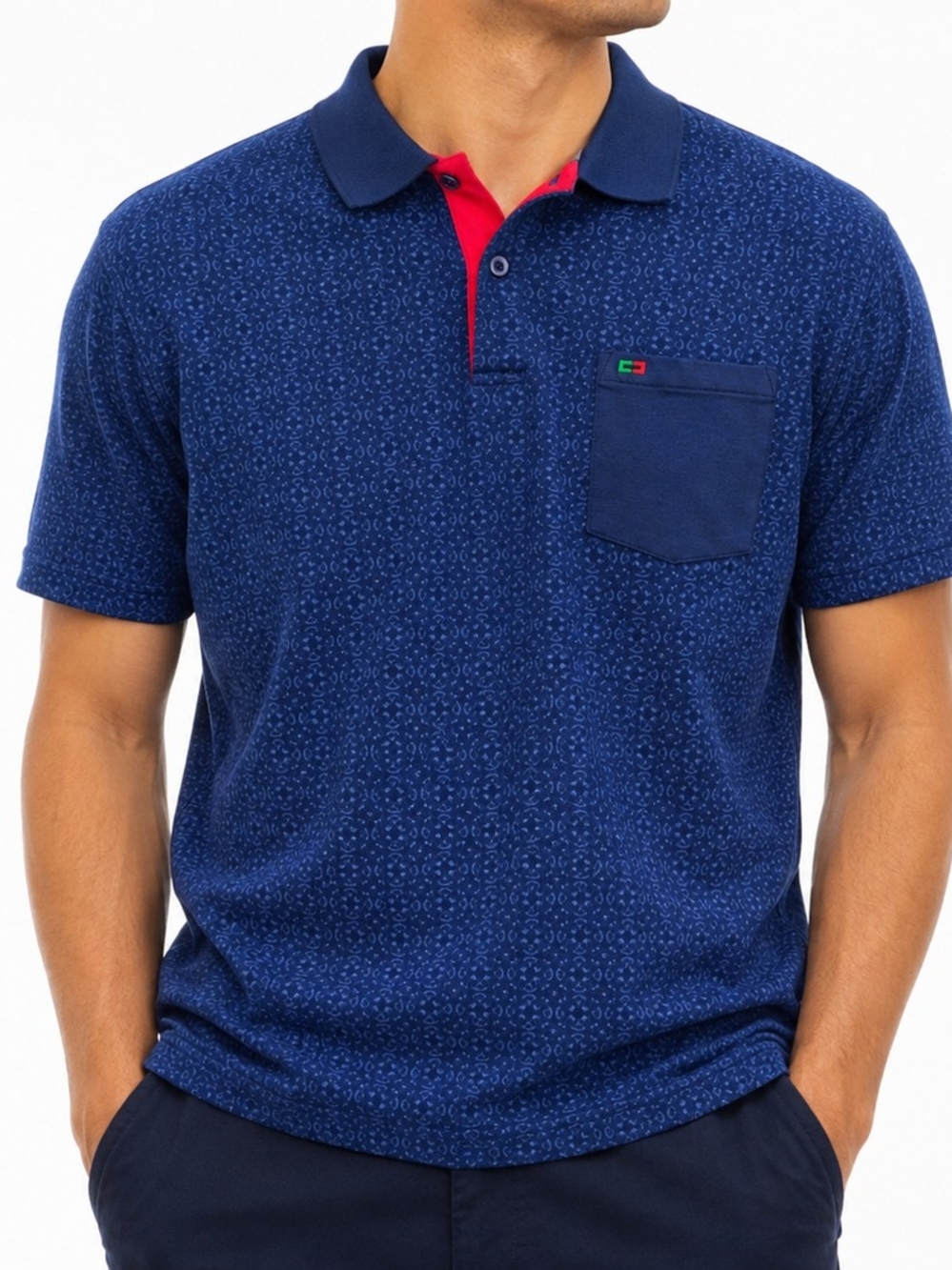 Peter England Navy Polo with Red Contrast Placket and Chest Pocket